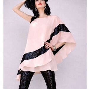 Eva Franco NEW Silk Pink Sequin Bow Shoulder Asymetric Tunic Top SZ 8 Whimsical